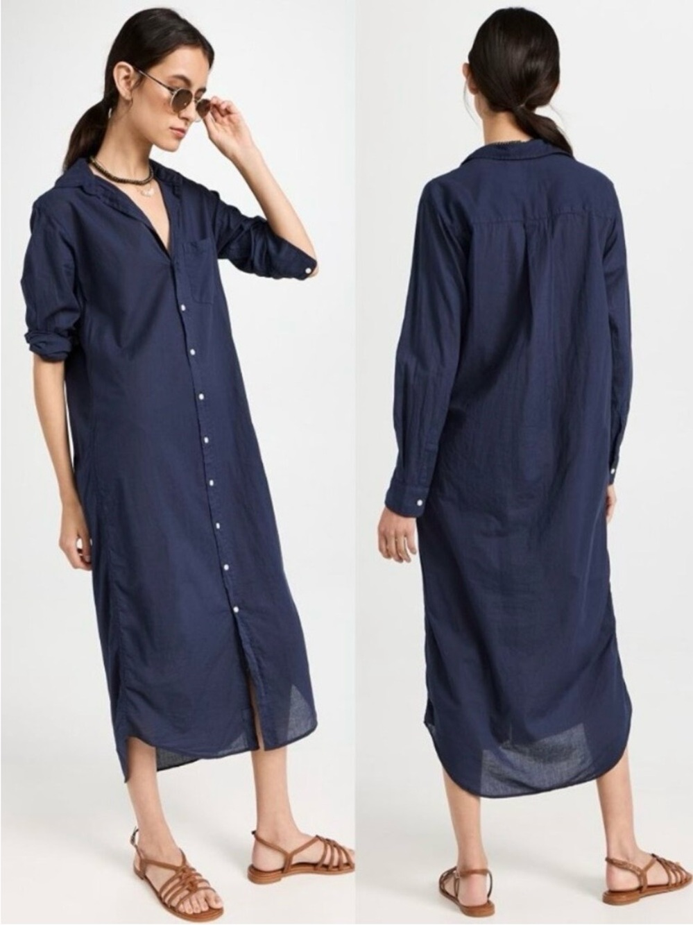 Frank & Eileen Rory Shirtdress Midi to Maxi Navy Blue Organic Cotton Size Medium